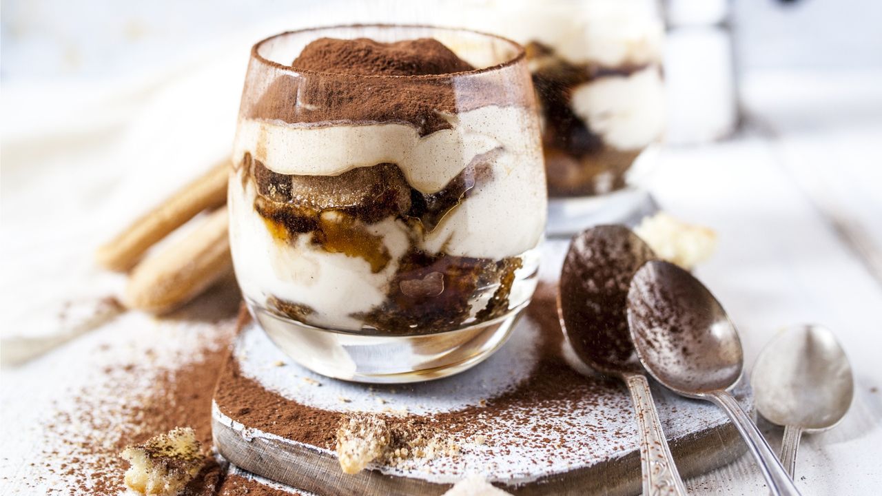 Small glass pot of tipsy 10-minute tiramisu