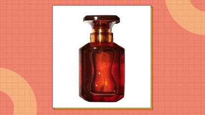 An orange/brown glass bottle of The Fenty Perfume by Rihanna in an orange check template