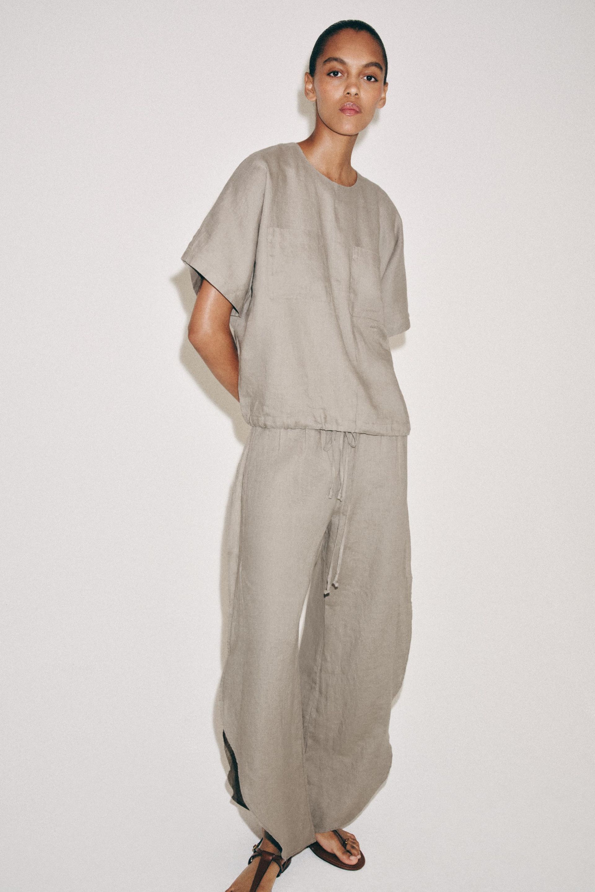 Zw Collection 100% Linen Top With Drawstrings