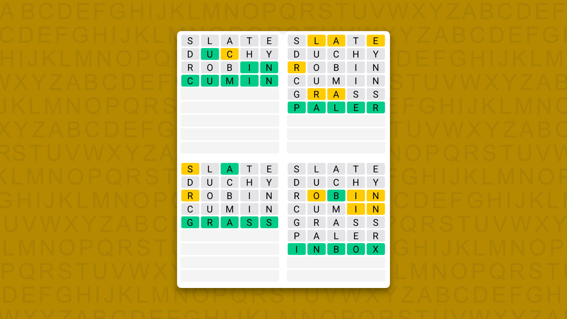 Quordle answers for game 1635 on a yellow background