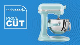 Aqua-colored KitchenAid stand mixer on blue background with white text reading &#039;TechRadar Price Cut&#039;