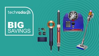 Dyson hair tools and vacuums on teal background with "Big Savings" text in white