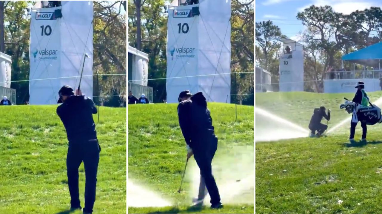 Adam Hadwin strikes a sprinkler with his wedge