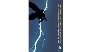 The cover of Batman: The Dark Knight Returns with Batman jumping in front of a lightning strike.