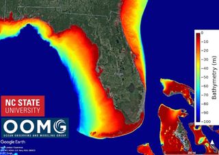 The depth of the seafloor around Florida, with red representing shallow areas and blue deep areas.