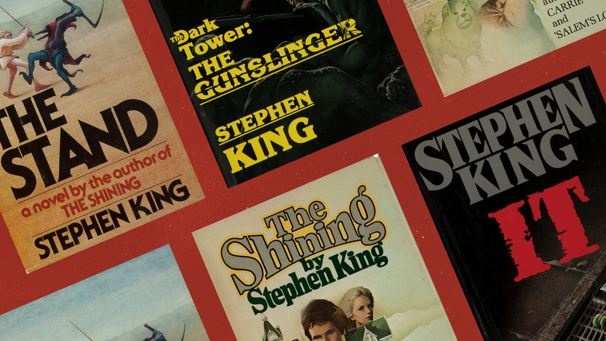 First edition book covers of Stephen King's &lsquo;The Shining&rsquo;, &lsquo;The Stand&rsquo;, &lsquo;The Dark Tower 1: The Gunslinger&rsquo;, and &lsquo;IT&rsquo;.