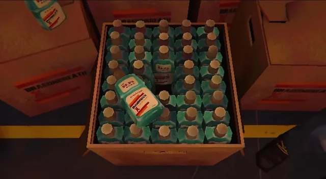 Boxes full of light blue mouthwash called 