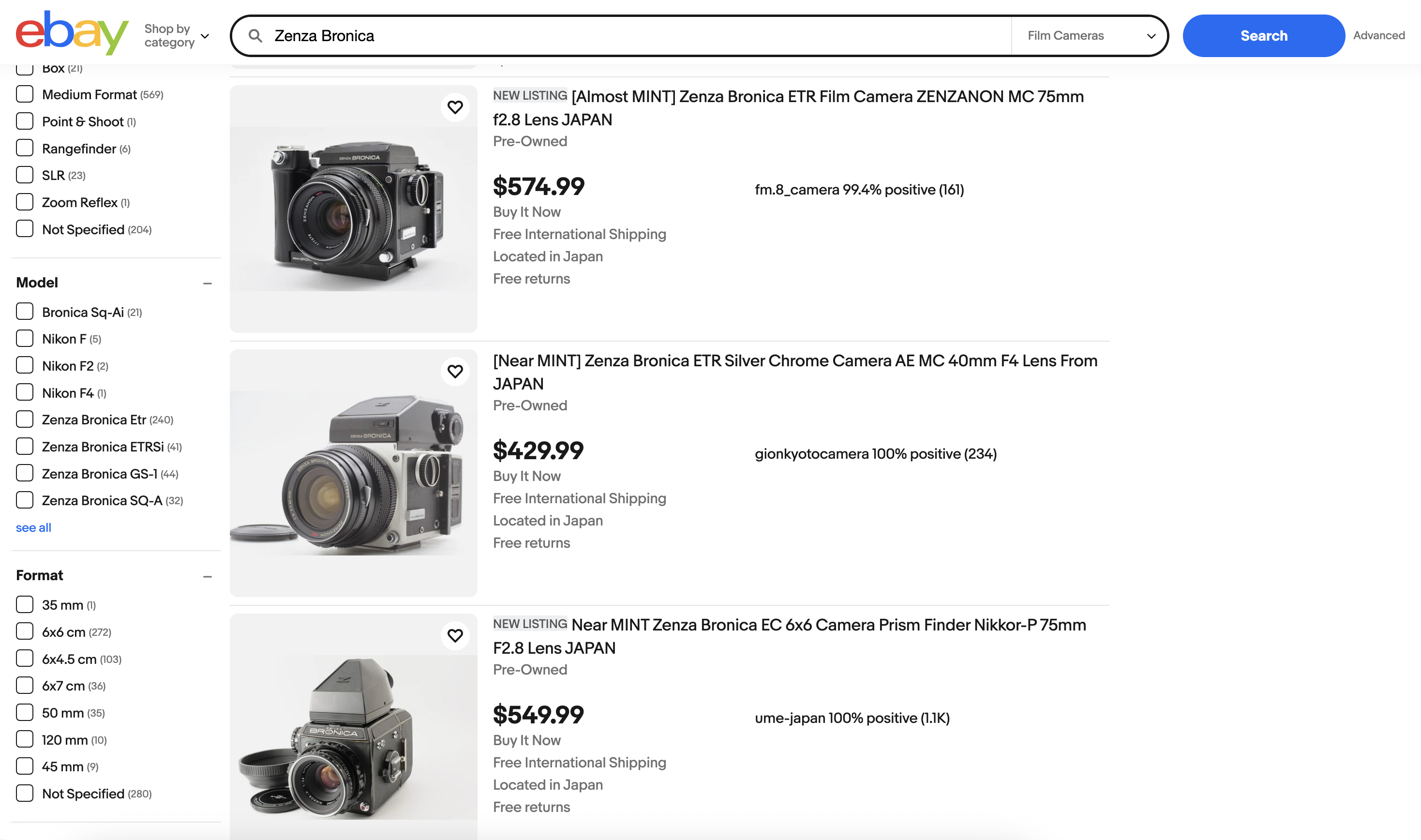 Ebay listings for Zenza Bronica camera