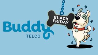 Buddy Telco logo, "Black Friday" text inside a black dog bone and the Buddy Telco dog mascot celebrating.