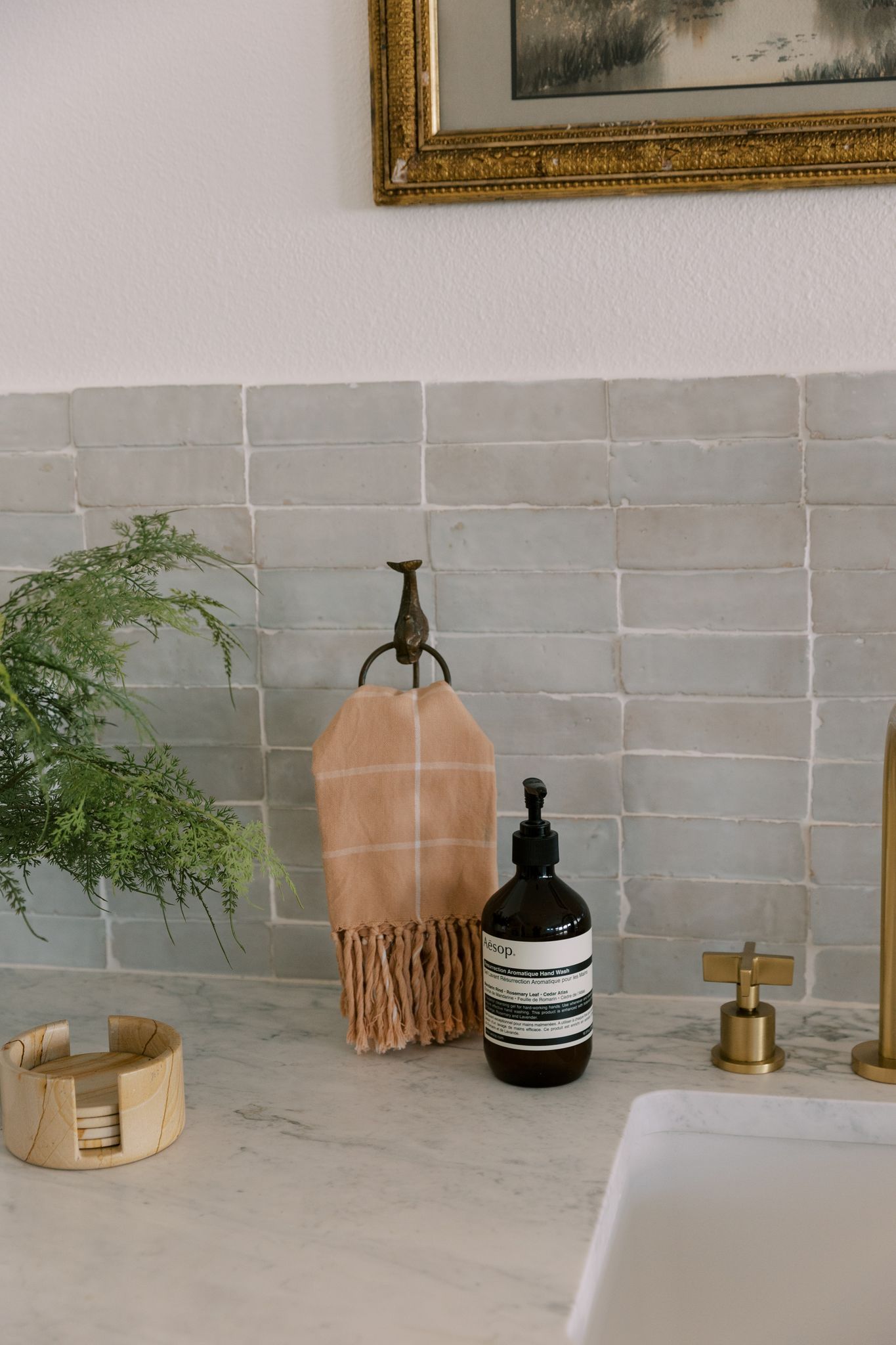 Gambar botol sabun Aesop di kamar mandi netral dengan tanaman dan handuk teh bertekstur