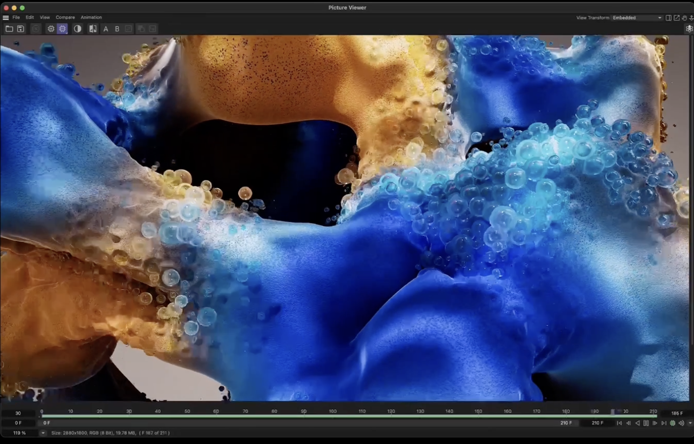 A high-resolution screenshot of a "Picture Viewer" application displays a detailed 3D abstract simulation of blue and orange fluid-like textures and bubbles.