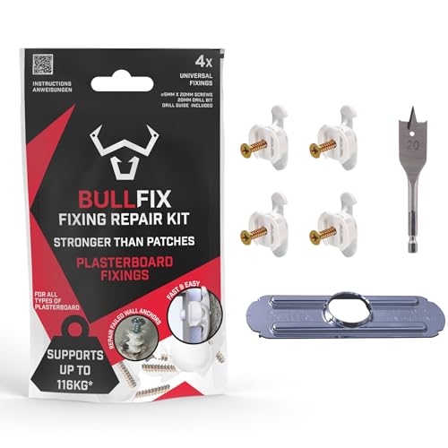 Bullfix Plasterboard Fixing Repair Kit 4 Pack &amp;ndash; Repairs Failed Fixings in Drywall With Heavy Duty Anchor, Wall Plug Alternative for Dot &amp;amp; Dab, Stud &amp;amp; Hollow Wall, Includes Screws &amp;amp; Repair Drill Guide
