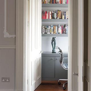 home office with grey cabinet white door grey book shelf