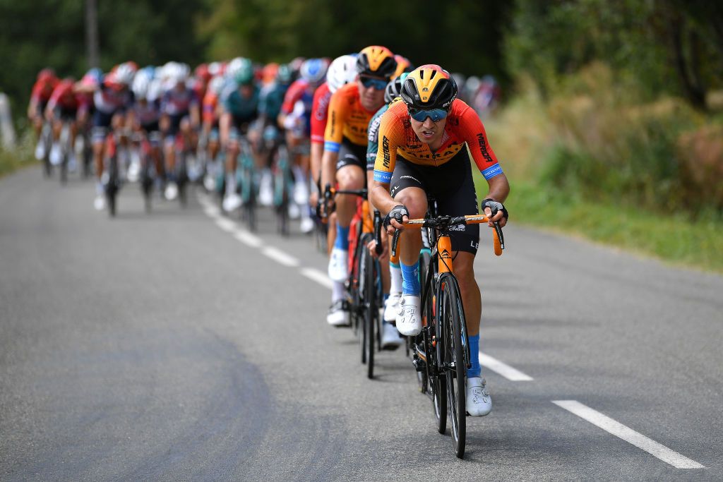 CAP DCOUVERTE FRANCE AUGUST 02 Scott Davies of The United Kingdom and Team Bahrain McLaren Marco Mathis of Germany and Team Cofidis Maxime Cam of France and Team BB Hotels Vital Concept Peloton during the 44th La Route dOccitanie La Depeche du Midi 2020 Stage 2 a 1745km stage from Carcassonne to Cap Dcouverte 344m RouteOccitanie RDO2020 on August 02 2020 in Cap Dcouverte France Photo by Justin SetterfieldGetty Images