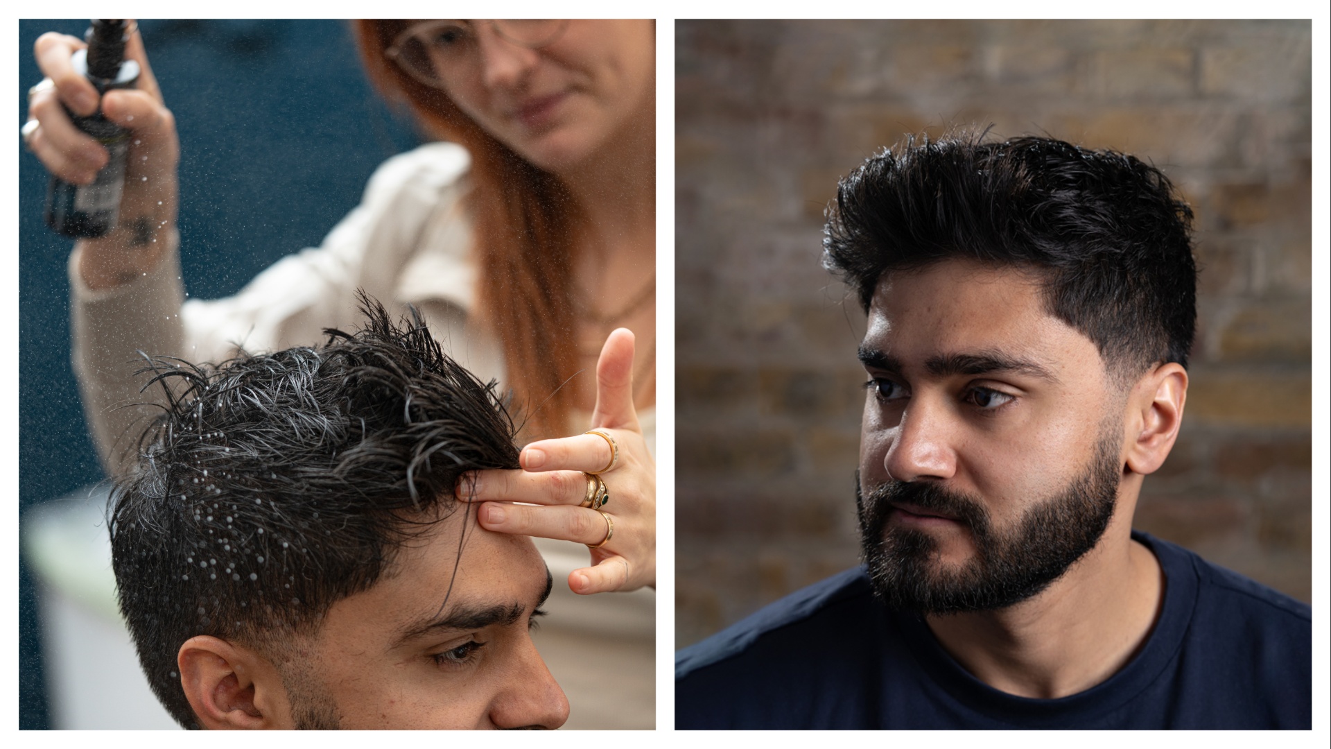 A main getting his hair styled, before and after
