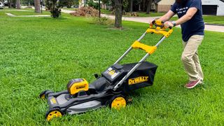 DeWALT DCMWSP244U2 60V MAX* Cordless Brushless RWD Self-Propelled Mower being tested in writer's yard