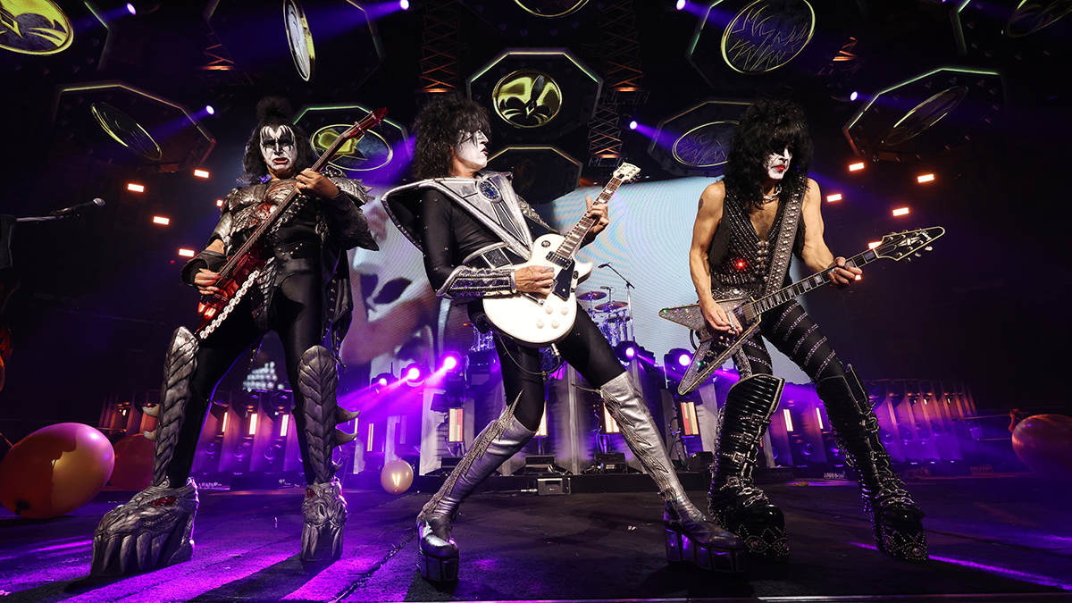 NEW YORK, NEW YORK - DECEMBER 02:  Gene Simmons, Tommy Thayer and Paul Stanley of KISS perform during the final show of KISS: End of the Road World Tour at Madison Square Garden on December 02, 2023 in New York City. (Photo by Kevin Mazur/Getty Images for Live Nation)