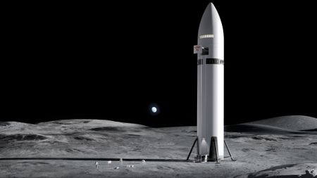 Artist's illustration of SpaceX's Starship vehicle on the moon during an Artemis astronaut mission for NASA.