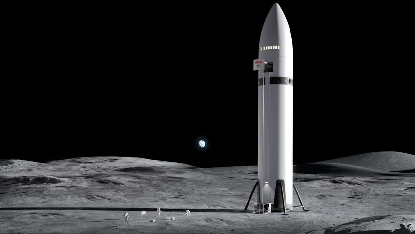 Artist&#039;s illustration of SpaceX&#039;s Starship vehicle on the moon during an Artemis astronaut mission for NASA.