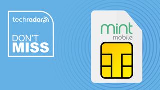 Mint Mobile branded SIM card on blue background with don&#039;t miss text overlay