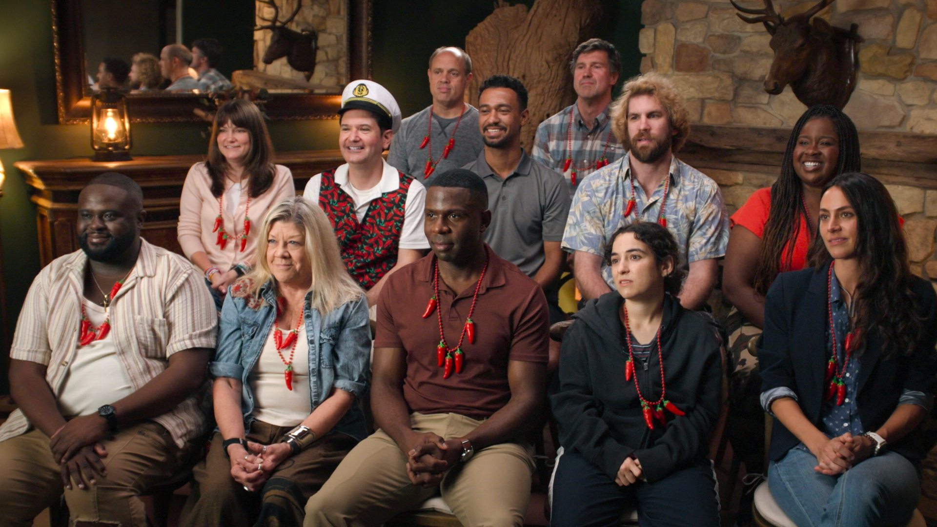 The cast of 'Jury Duty Presents: Company Retreat.' Front: PJ (Marc-Sully Saint-Fleur), Helen (Stephanie Hodge), Steve (Warren Burke), Claire (Rachel Kaly), Kate (Erica Hernandez); Second Row: Amy (Emily Pendergast), Kevin (Ryan Perez), Anthony, Dougie Jr. (Alex Bonifer), Jackie (LaNisa Frederick); Back: Jimmy (Jim Woods), Other Anthony (Rob Lathan)