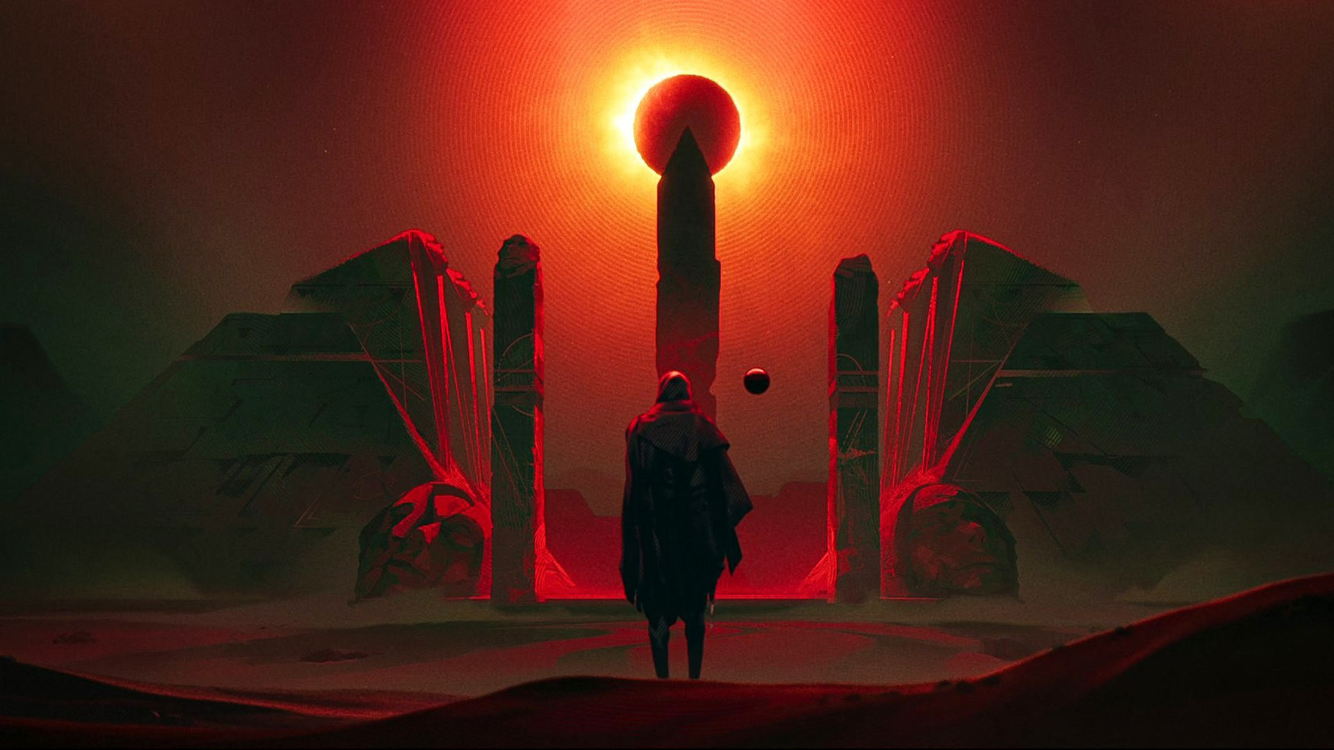 A person walks towards a black monument set against a blood red sky in Amazon's Secret Level anthology series