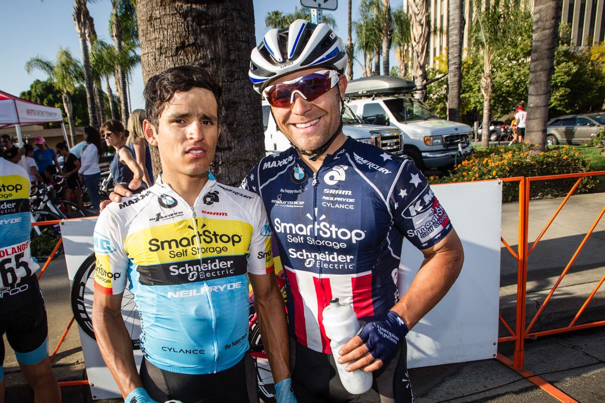 Eric Marcotte (SmartStop) congratulates teammate Flavio Deluna for his work in the break today.
