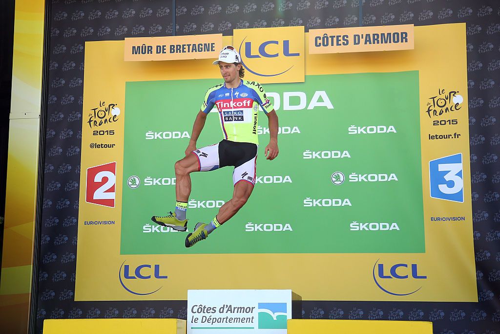 Peter Sagan of Slovakia riding for Tinkoff-Saxo celebrates his green jersey on the podium during the 2015 Tour of France, Stage 8, Rennes - Mur de Bretagne, on July 11, 2015.
The 102nd edition of the Tour de France cycling race gets underway on July 4 in the streets of Utrecht and ends on July 26, 2015 down the Champs-Elysees in Paris.
Photo Manuel Blondeau/AOP Press/Corbis