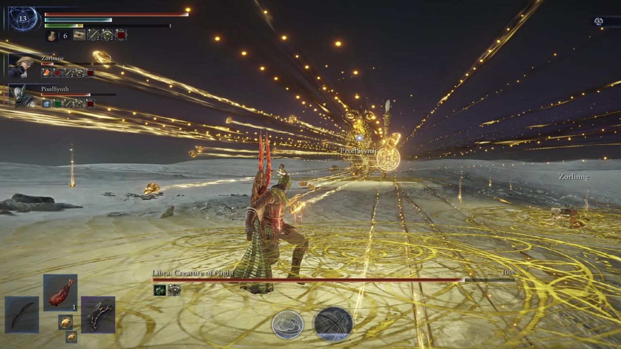 Elden Ring Nightreign Libra boss Equilibrious Beast guide: Ironeye shooting at Libra as it fires madness shards and creates dangerous glyphs on the ground.