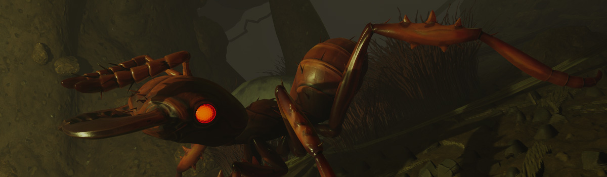 A Red Ant in Grounded 2, standing in a dark cave.