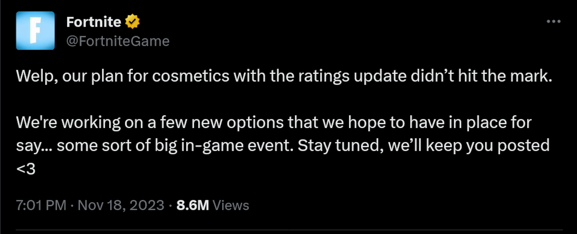 Welp, our plan for cosmetics with the ratings update didn’t hit the mark. We're working on a few new options that we hope to have in place for say... some sort of big in-game event. Stay tuned, we’ll keep you posted <3