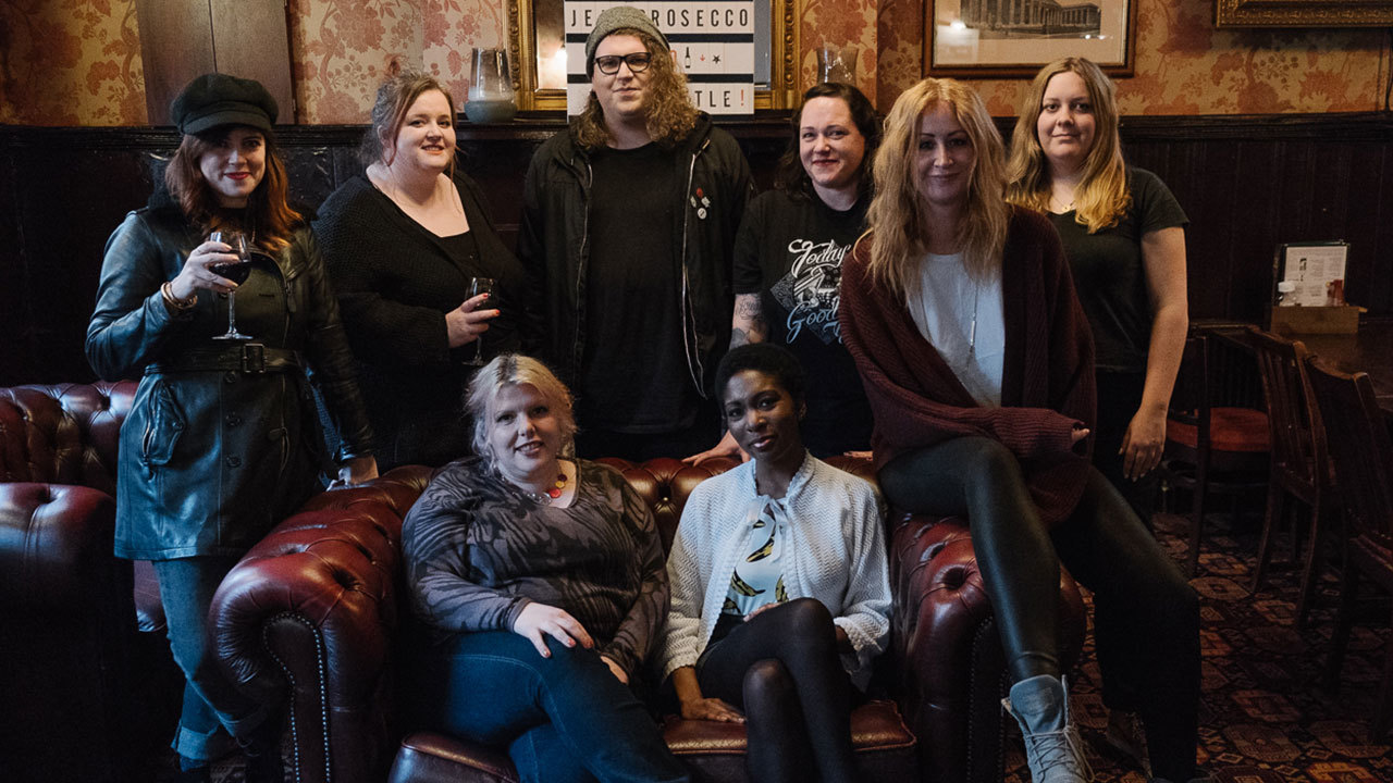 A portrait of our panel, L-R: Harriet Hyde, Becky Laverty, Cassie Fox, Em Foster, Estella Adeyeri, Emma Van Duyts, Lucy Hellings and Sarah Maynard