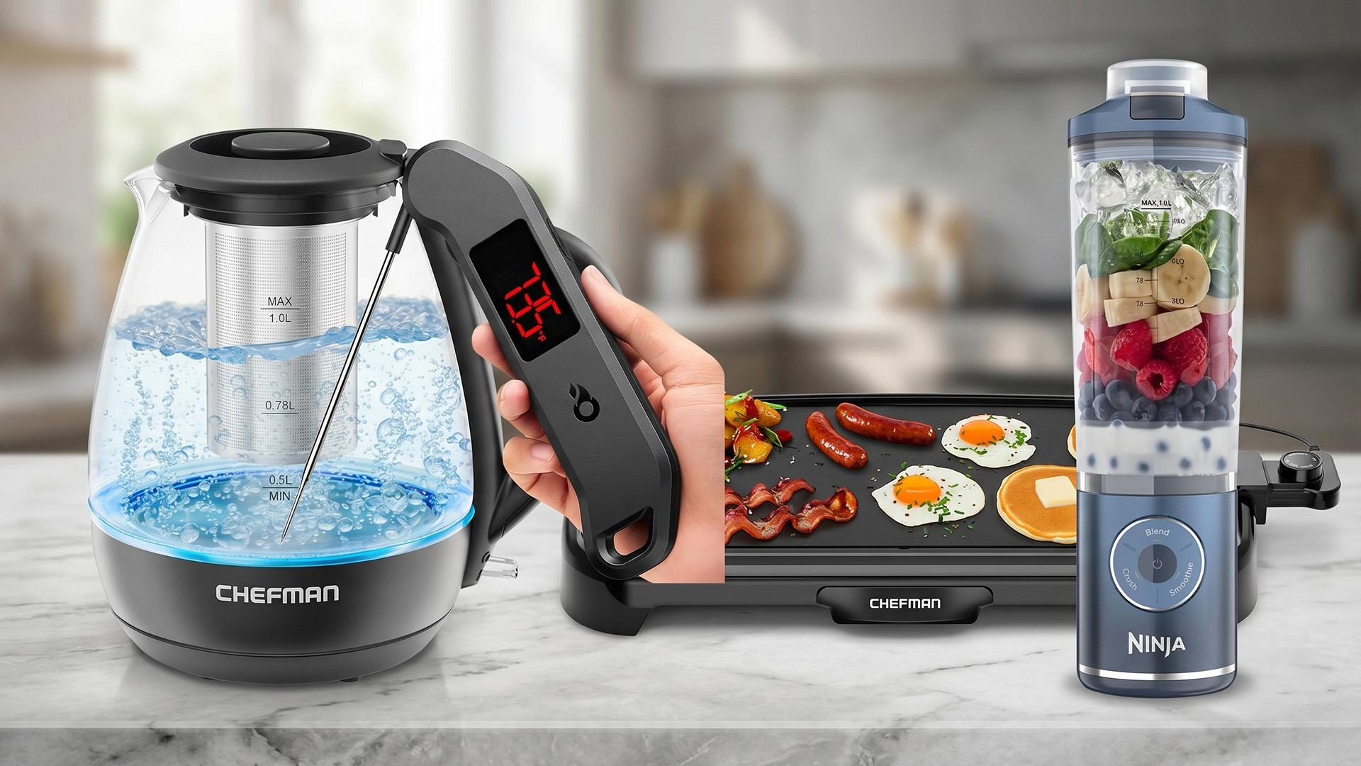 A selection of kitchen products in a kitchen environment.