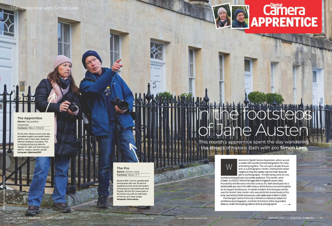 Image showing the Apprentice article in the February 2026 issue of Digital Camera magazine, which pairs a reader with a pro photographer &amp;ndash; this month, a keen reader captures the Georgian architecture of Bath in south-west England