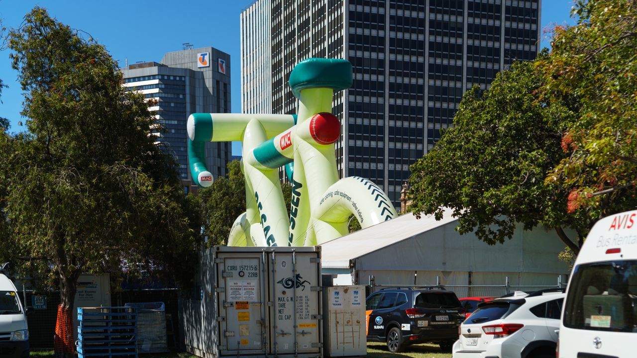 This giant inflatible bike looms over the whole event village