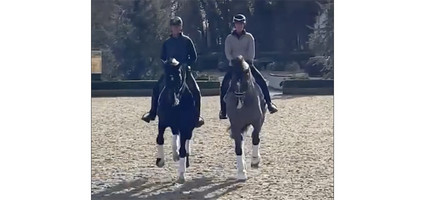 Carl Hester riding Uthopia and Charlotte Dujardin riding Valegro in 2022.