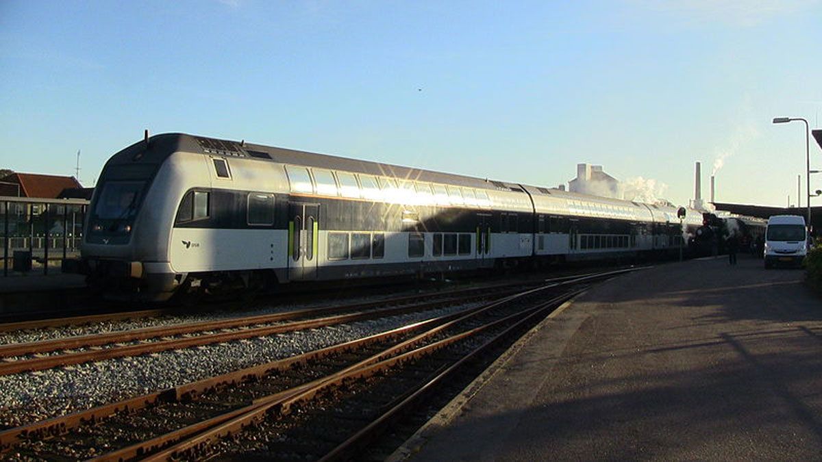 A Danish double-decker train in Nykobing Falster