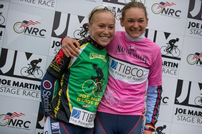 Stage winner Shelly Olds and TIBCO teammate and overall race leader Claudia Haeusler in the pink leader's jersey following stage two.
