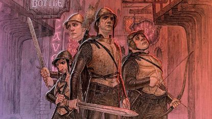 The armored Watch stand with weapons drawn in the red-light district of Ankh-Morpork