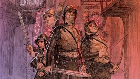 The armored Watch stand with weapons drawn in the red-light district of Ankh-Morpork