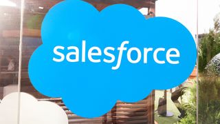 The Salesforce logo pictured in their garden area at the Mobile World Congress in Barcelona, Spain, on February 27, 2024.