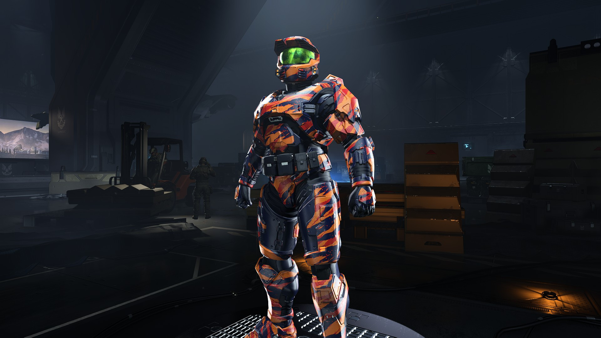 A Halo Infinite Spartan, standing resplendent in armor bedecked in Game Fuel tiger striping, his helmet visor in radiant Dew emerald. An icon, beautiful and terrible both.