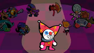 Dancing clown in front of other characters