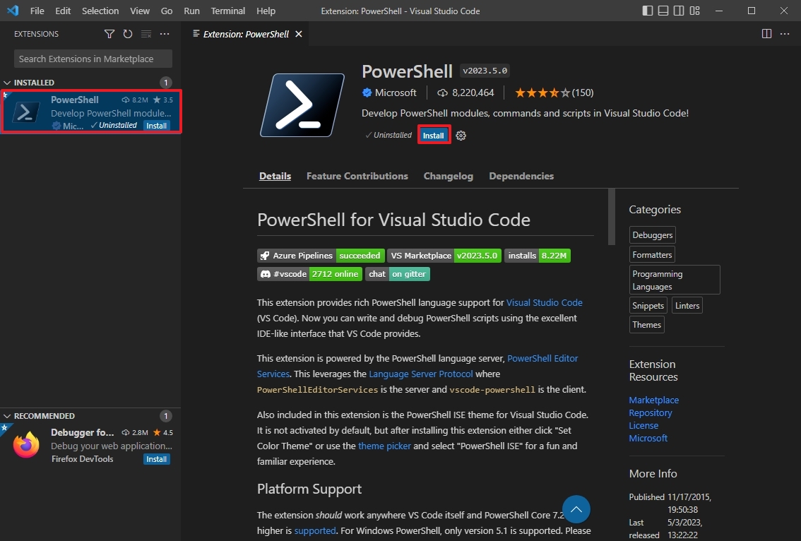 VS Code install PowerShell