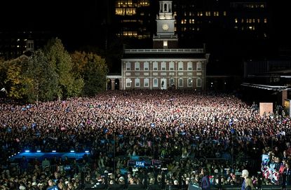 Michelle Obama speaks Monday night in front of Independence Hall.