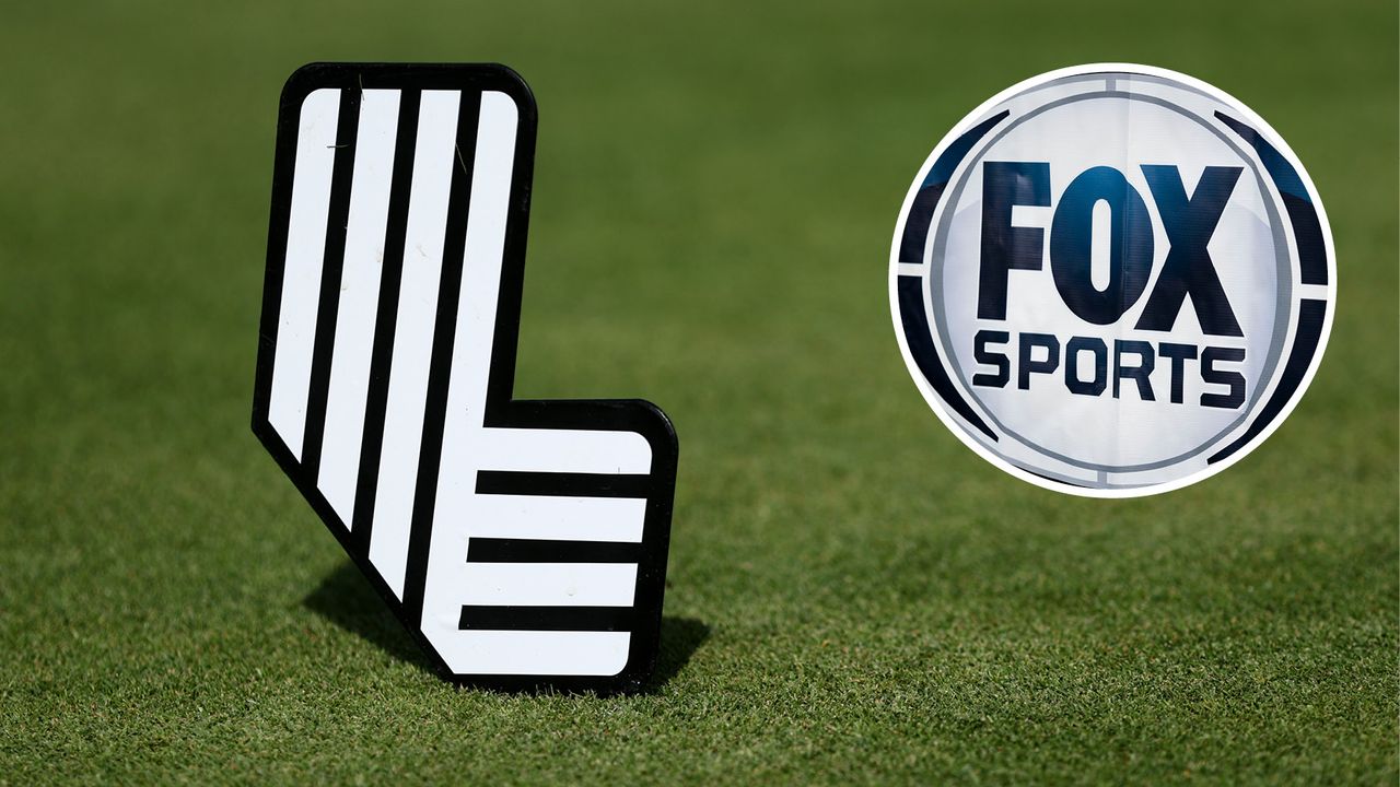 (main image) A LIV Golf tee marker and Fox Sports logo (inset image)