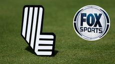 (main image) A LIV Golf tee marker and Fox Sports logo (inset image)