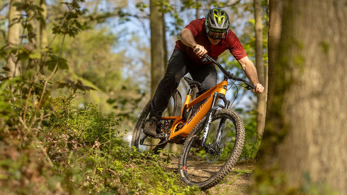 Rider on the Santa Cruz Tallboy, one of the best trail mountain bikes