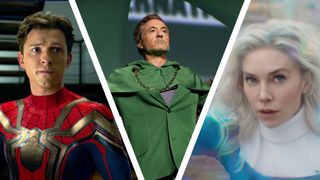 A collage of Tom Holland in Spider-Man: No Way Home, Robert Downey Jr at San Diego Comic-Con 2024, and Vanessa Kirby in The Fantastic Four: First Steps