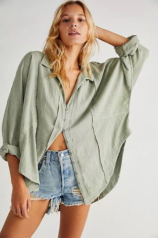 oversized button down in light green